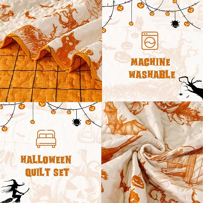 WONGS BEDDING King Pumpkin Castle Quilt Set, Halloween Bedspread Bedding | - Image 6