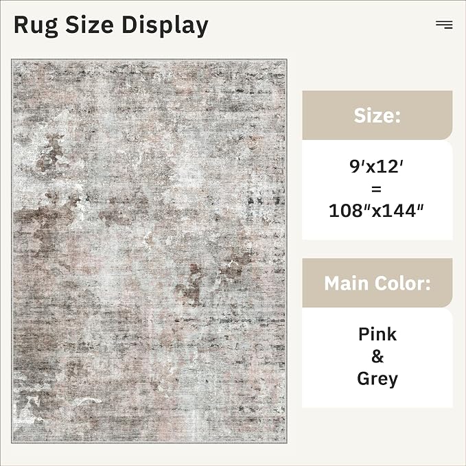 Soalmost 9x12 Area Rugs for Living Room Washable Rug Abstract Pink/Grey | - Image 5