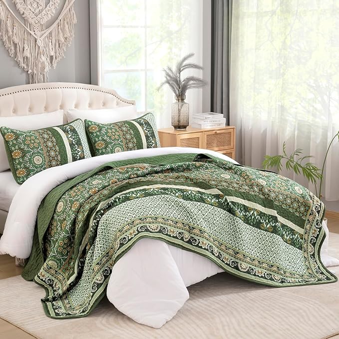 Yiran Quilts King Size, Fall Olive Green Bedspreads Bedding Set | Lightweight - Image 7