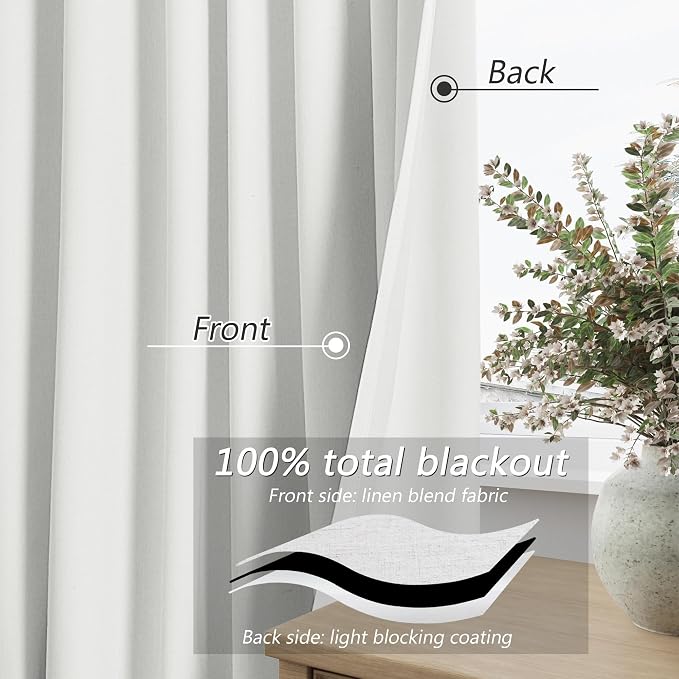 White 100% Blackout Linen Curtains 52 Inch Wide by 114 Inch - Image 3