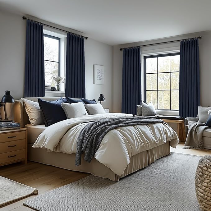 Pinch Pleated Full Blackout Faux Linen Curtains 102 Inches Long | Midnight Blue - Image 5