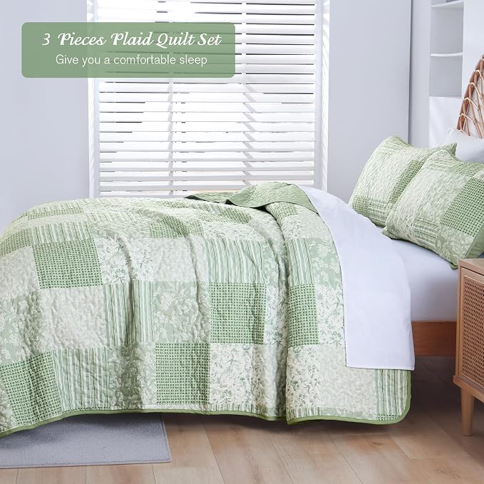 Mybedsoul Light Green Quilt Set Queen Size, 3 Pieces Plaid Floral Bedspread Set - Image 3