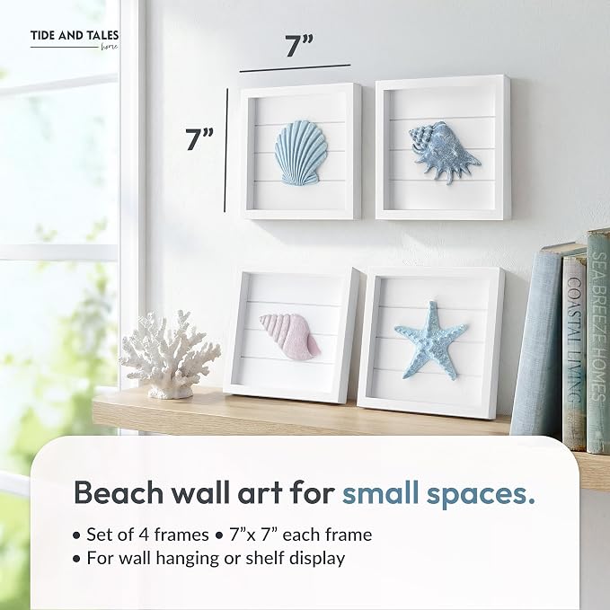 Tide and Tales 3D Coastal Wall Art, Beach Wall Decor, Framed Set of 4 | 7" x 7" - Image 2