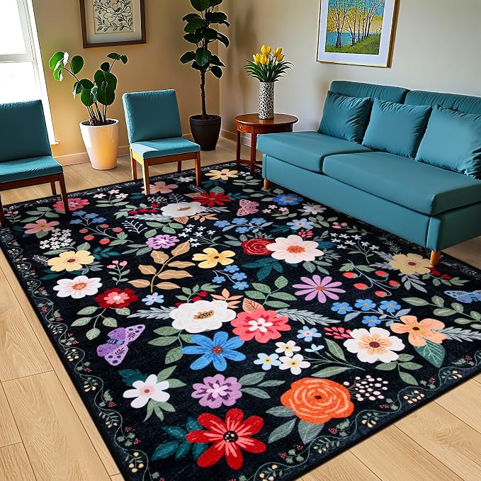 PLHXFR Area Rug 10x12 Living Room: Floral Washable Boho Soft Carpet Black | - Image 2