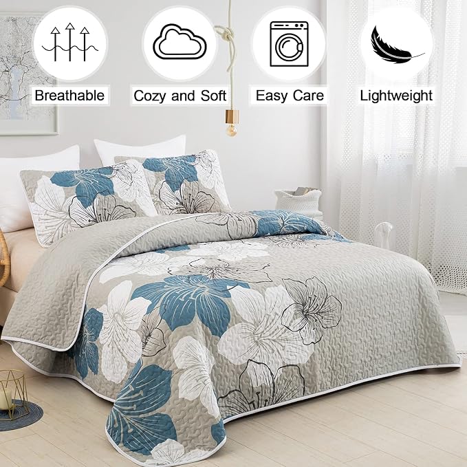 DJY 3 Pieces Quilt Set Full Size Blue Floral Pattern Quilt Coverlet Set Elegant - Image 2