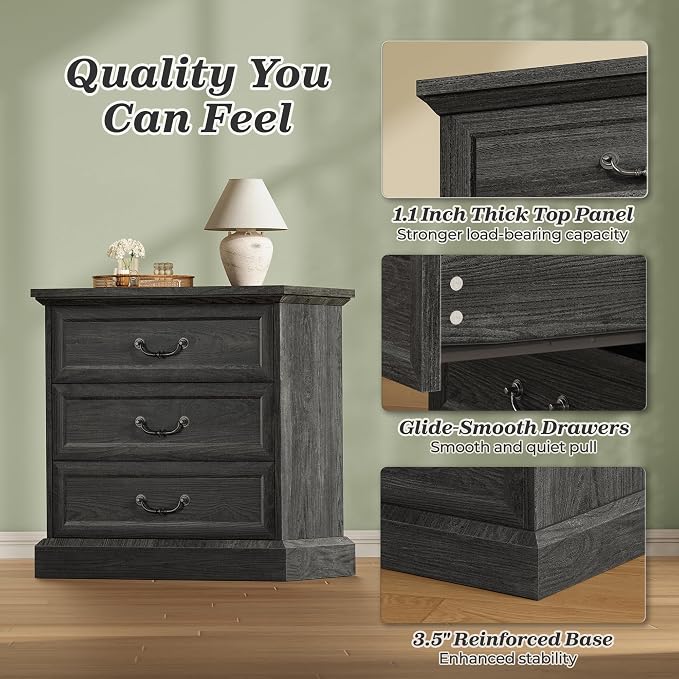 Huuger Nightstand with Charging Station, 3 Drawer Night Stand | 22 Inch Wider - Image 8