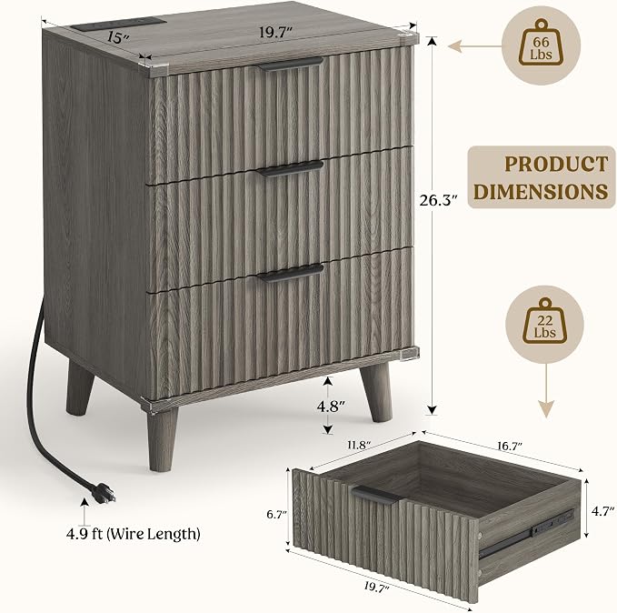 Wood Bedside Table w/Charging Station, 3 Drawers Fluted Dresser | Dark Grey - Image 3