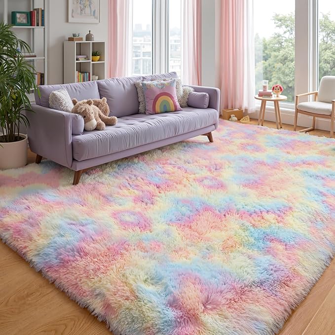 Fluffy Rainbow Large Area Rug 8x10, Soft Washable Shag Carpet | Cute plush - Image 6