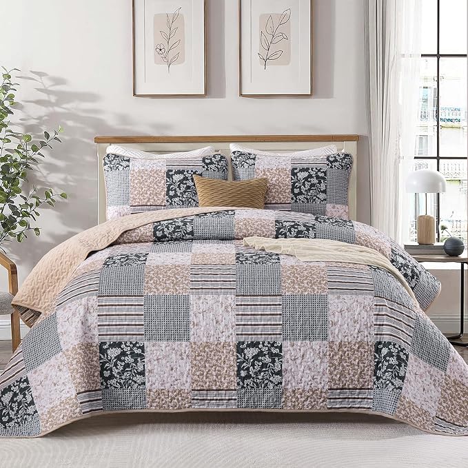 Mybedsoul Patchwork Quilt Set King Size, 3 Pieces Blue Brown Floral Plaid by Mybedsoul