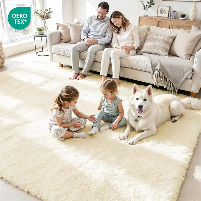 6x9 Fluffy Area Rug for Living Room: Non-Slip Cream White Bedroom Carpet | - Image 4