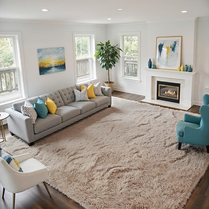 Beige 9x12 Area Rugs for Living Room, Fluffy Shag Rug Large Bedroom Carpet | by Yongyangjuxi