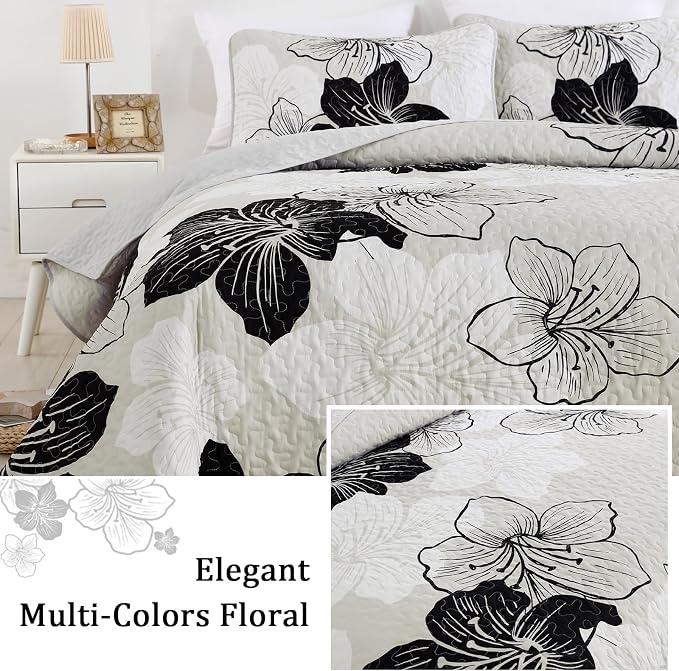 DJY Black White Quilt Queen Size, Boho Floral Bedding Bedspread Set 3 Pcs | - Image 3