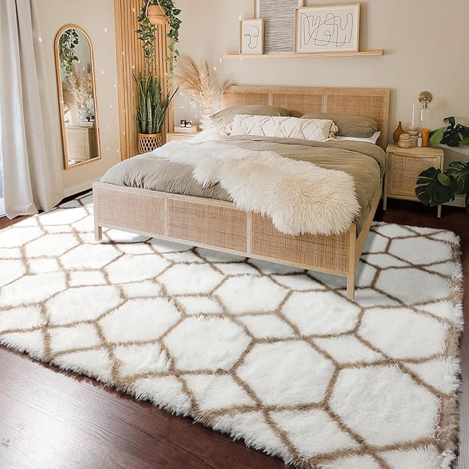 Large Area Rugs for Living Room, 7x10 White and Beige Bedroom Rug, Geometric - Image 6