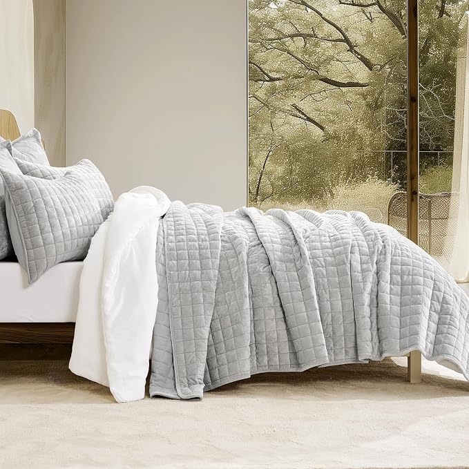 RECYCO Channel Box Stitch Velvet Quilt Set, Twin/Twin XL Size, Frost Gray | by RECYCOHOMECOLLECTION