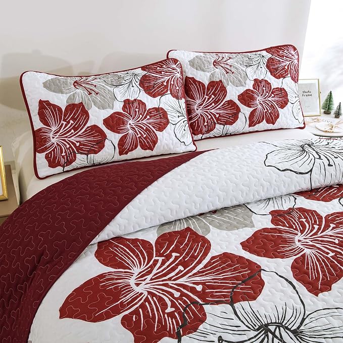 DJY Christmas Red Floral Quilt Set King 3 Pieces Floral Bedding Quilt Set Soft - Image 5
