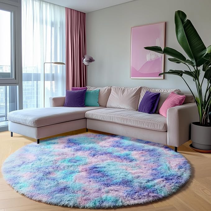 Rainbow Round Area Rugs 5ft, Soft Bedroom Circle Rug Mats - Image 4