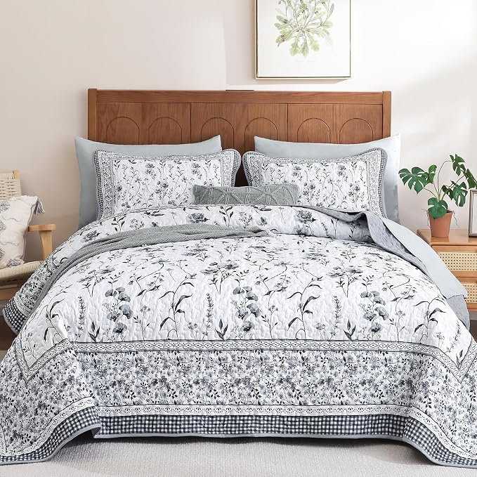 WONGS BEDDING Floral Quilts Set Queen, Microfiber Lightweight Farmhouse Bed by WONGSBEDDING