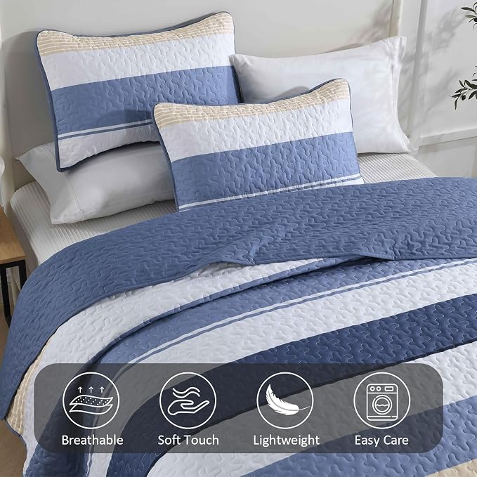 Dinjoy California King Boho Striped Quilt Set, Breathable All-Season, 3-Piece - Image 4