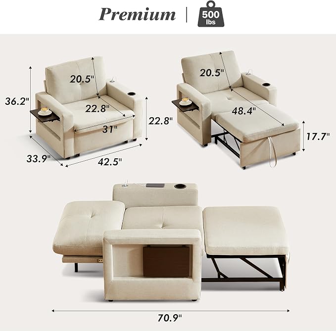 WEUP 42.5" Sleeper Sofa Chair Bed, 3-in-1 Convertible Sleeper Chair - Image 2