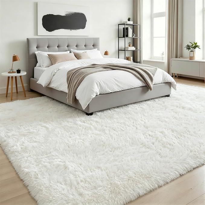8x10 Area Rug Living Room Bedroom: Fluffy Plush Shag Carpet Ivory | - Image 3