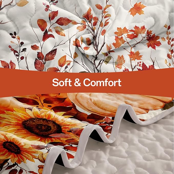 WONGS BEDDING Fall Harvest Pumpkin Quilts Queen Size, Thanksgiving Bedspread | - Image 4