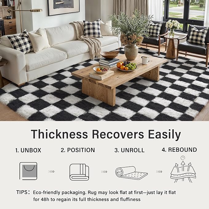 Checkered Rug 8x10 for Living Room Black and White Soft Shag Rugs | Machine - Image 5