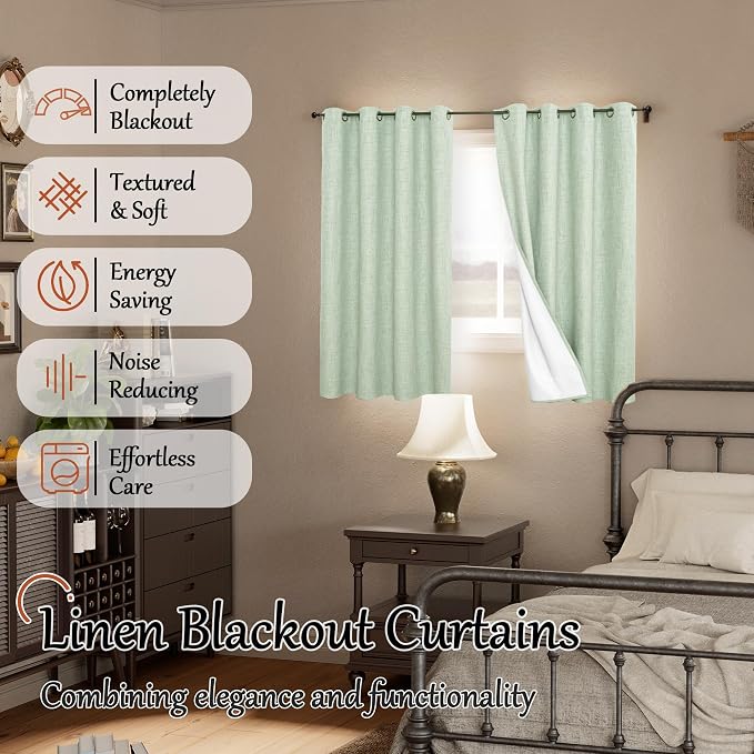 Linen Blackout Curtains 54 Inches Long 2 Panels Each 52 Wide Sage | Thermal - Image 2