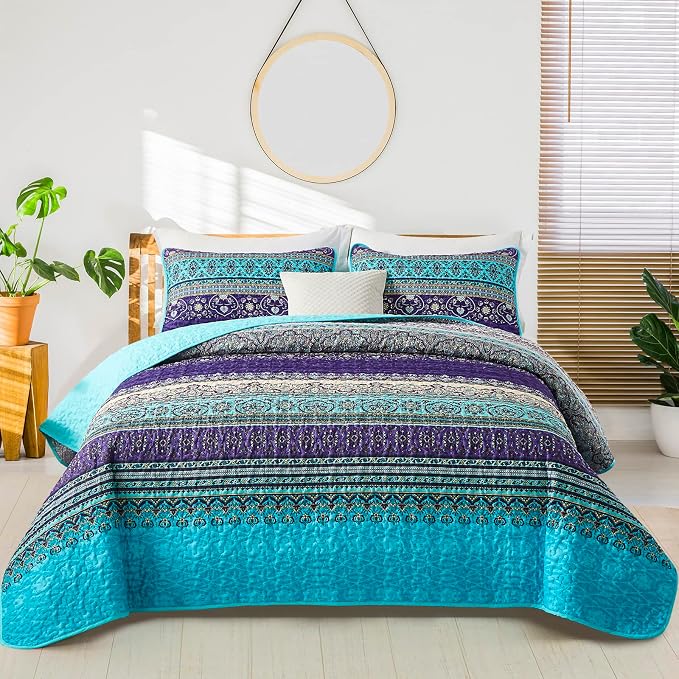 WONGS BEDDING Boho King Quilt Bedding Set, 3 Pieces Soft Bedspread, Breathable by WONGSBEDDING