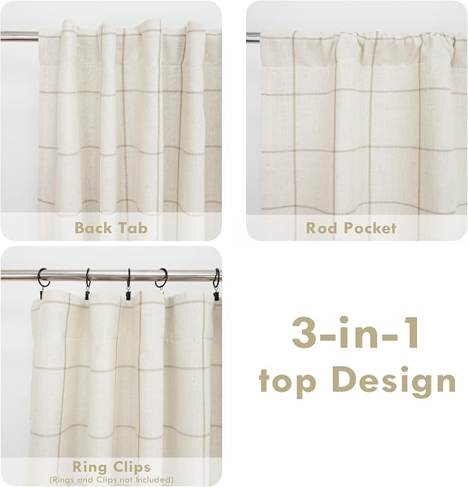 DriftAway 100% Blackout Plaid Linen Curtains 102 Inches Long 2 Panels Taupe | - Image 7