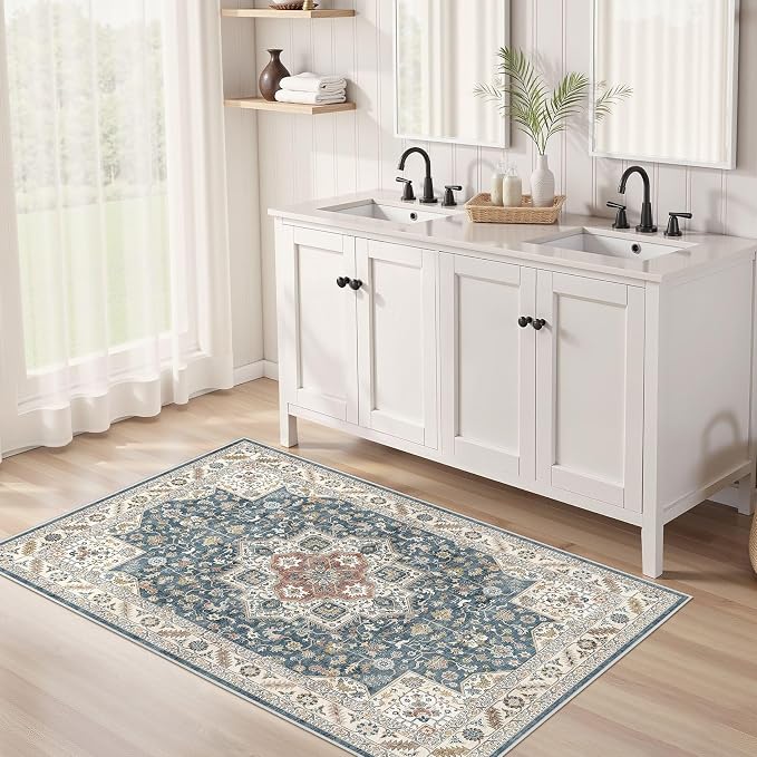 cotiled 3x5 Area Rug for Living Room, Traditional, Vintage Blue | Washable Soft - Image 3