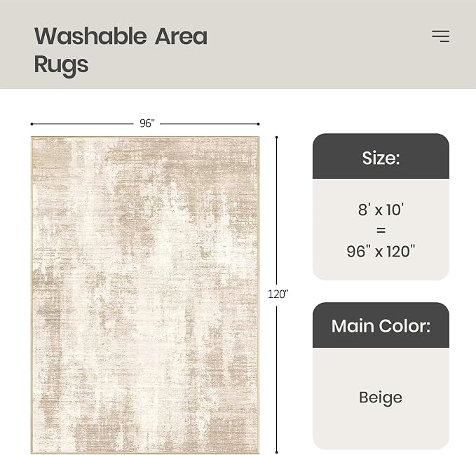 8x10 Area Rugs for Living Room, Large Washable Rug Non Slip Beige | Soft Thin & - Image 2