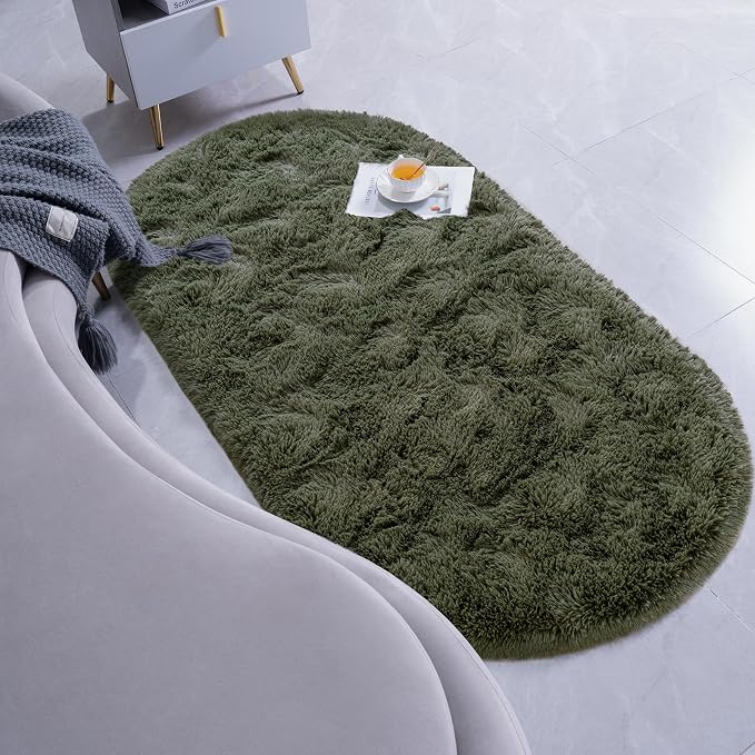 Goideal Fluffy Bedroom Rug, Small Oval Area Rugs, Olive Green Shag Bedside - Image 3