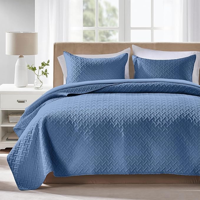 FLYMME Bluish Grey Full/Queen Quilt Bedspreads, Modern Style Geometric Weave by FLYMME