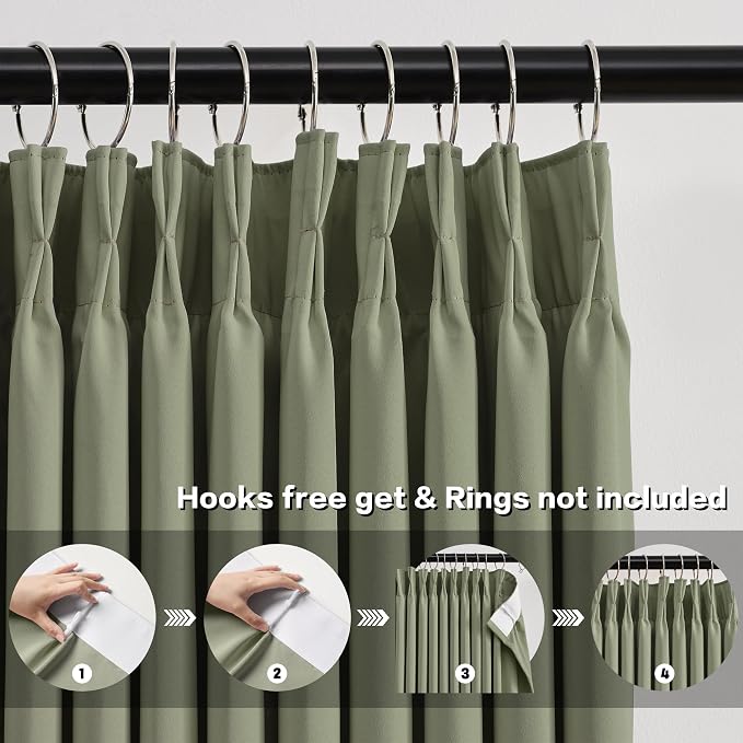Sage Green Pinche Pleat Curtains 45 Inches Long Thermal Insulated Dark Black - Image 2