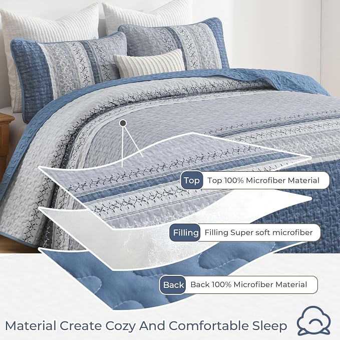 Cottolester Mineral Blue King Quilt Set, Boho Striped Bedspread Coverlet Set | - Image 3