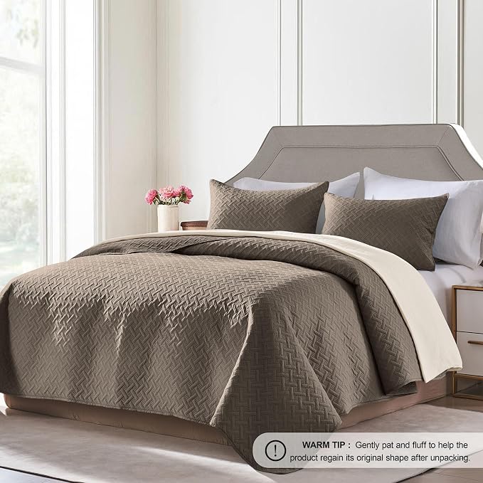 FLYMME Quilts King Size, Lightweight Mocha Brown Bedspreads, Basket Weave - Image 2