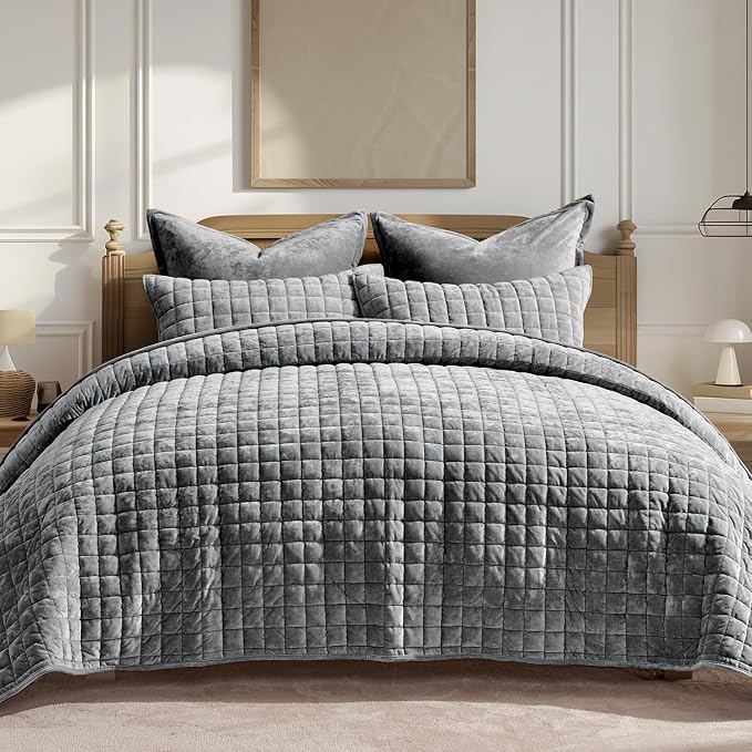 RECYCO Velvet Quilt Set, Oversized California King 118"x106", Charcoal Gray | by RECYCOHOMECOLLECTION