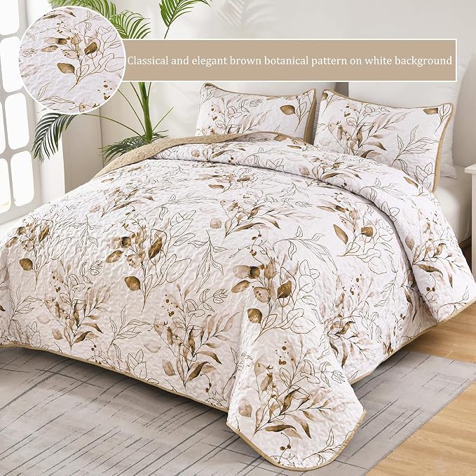 Anibedding Fall Quilt Set Queen Brown Botanical Bedspread - Image 5