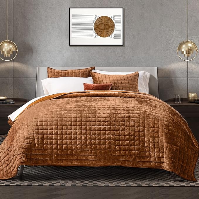 RECYCO Channel Box Stitch Velvet Quilt Set, Queen Size, Rusty Burnt Orange | by RECYCOHOMECOLLECTION