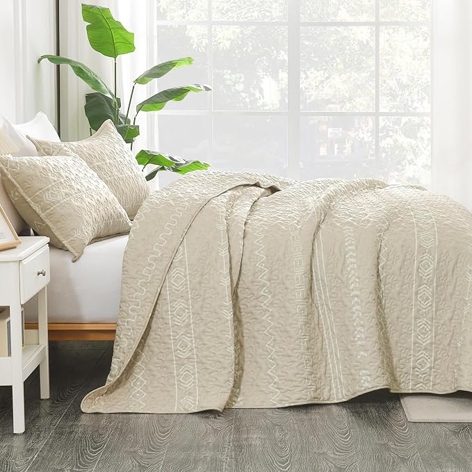 Beige California King Quilt Set, 3 Pieces Boho Striped Bedspread | Soft - Image 3