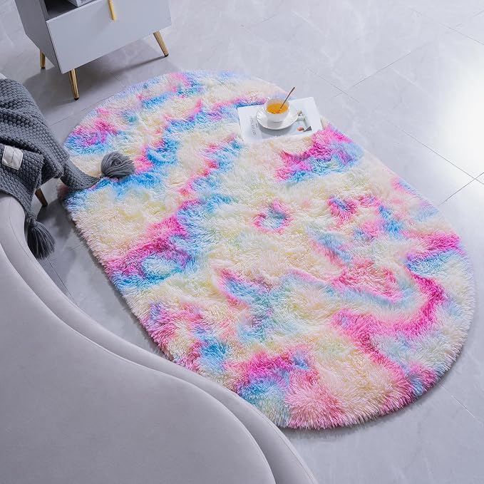Goideal Fluffy Bedroom Rug, Small Oval Area Rugs, Rainbow Shag Bedside Carpet - Image 3