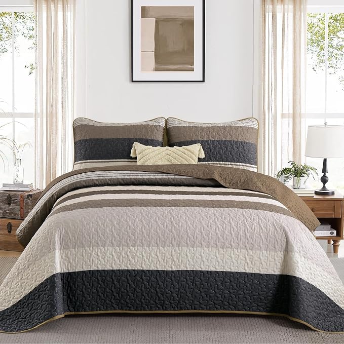 Dinjoy Queen Boho Striped Quilt Set, Balck White Lightweight Bedspread | Soft - Image 3