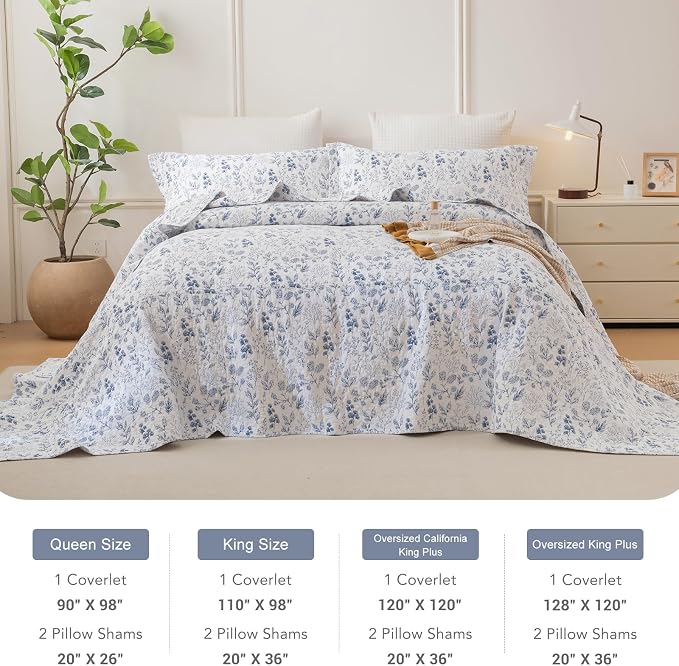 Lady Ann Oversized King Quilt Bedspreads 128x120, Cotton Blue and White Floral - Image 4