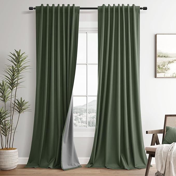 Forest Green 100% Blackout Linen Textured Curtains 84 Inches Long by Guken