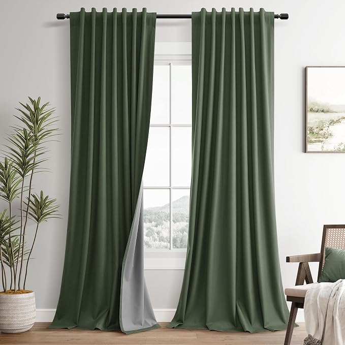 Forest Green 100% Blackout Linen Curtains 90 Inches Long 2 Panels Set Back Tab by Guken