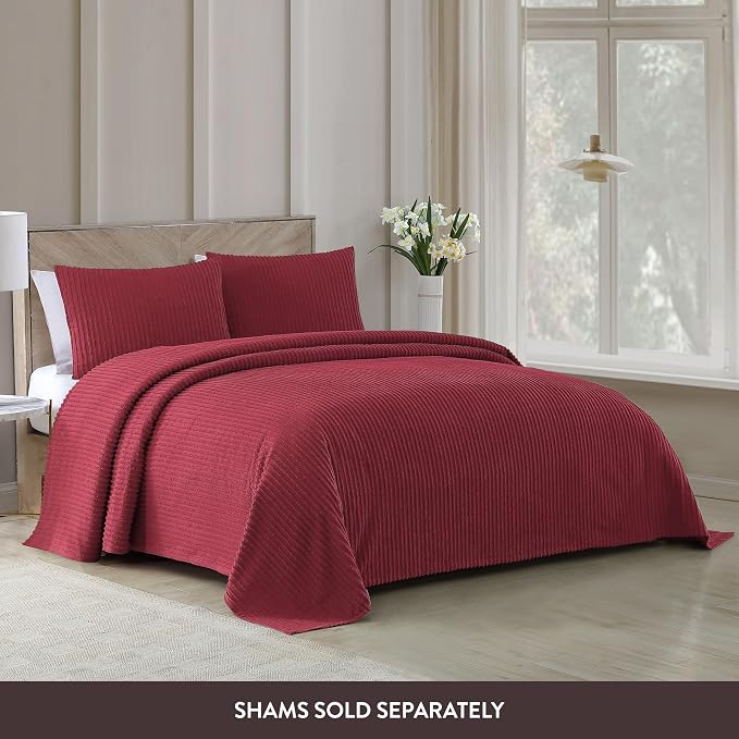 Beatrice Home Fashions Twin Channel Chenille Bedspread, Burgundy | Soft - Image 3