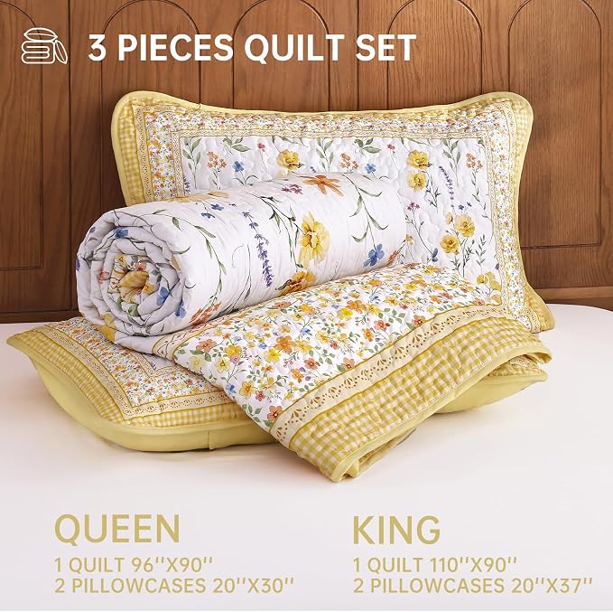 WONGS BEDDING Floral Quilts Set Queen, Microfiber Lightweight Farmhouse Bed - Image 7