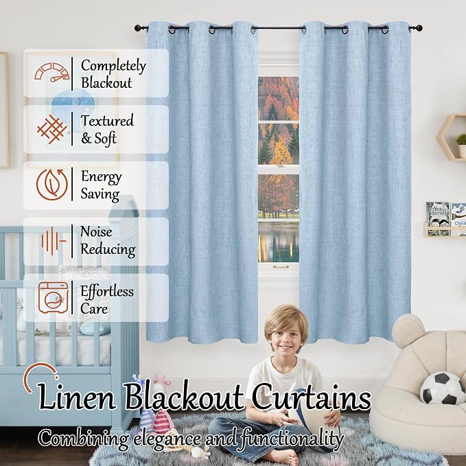 Baby Blue Linen Blackout Curtains 63 Inch Long Each 38 Wide 2 Panels | Thermal - Image 2