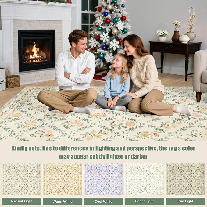 PLHXFR Area Rug 9x12 Living Room: Floral Washable Boho Carpet Beige Multi | - Image 9