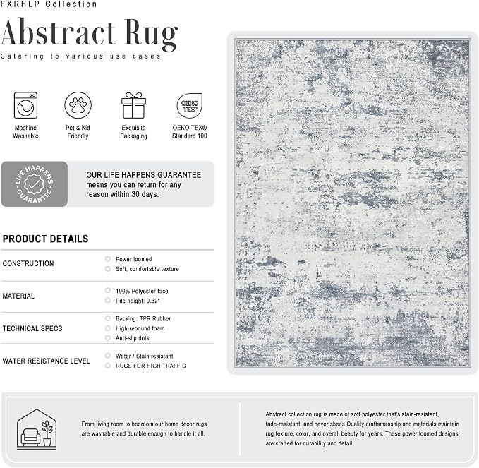 5x8 Area Rug Living Room: Modern Washable Soft Carpet Blue Grey | - Image 3